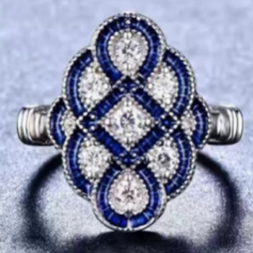 Silver and Blue Zircon Geometric Design Ring
